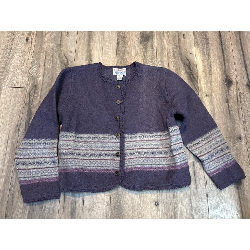 Tally-Ho Womens Wool Sweater Cardigan PL Purple Fair Isle Pattern Purple Gray